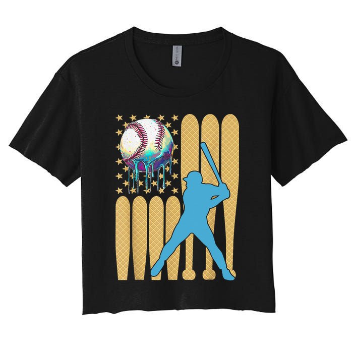 Ice Cream Drip Baseball Bat Baseball Player 4th Of July Women's Crop Top Tee
