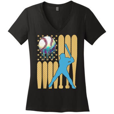 Ice Cream Drip Baseball Bat Baseball Player 4th Of July Women's V-Neck T-Shirt