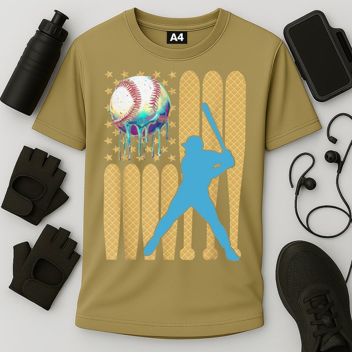 Ice Cream Drip Baseball Bat Baseball Player 4th Of July Cooling Performance Crew T-Shirt