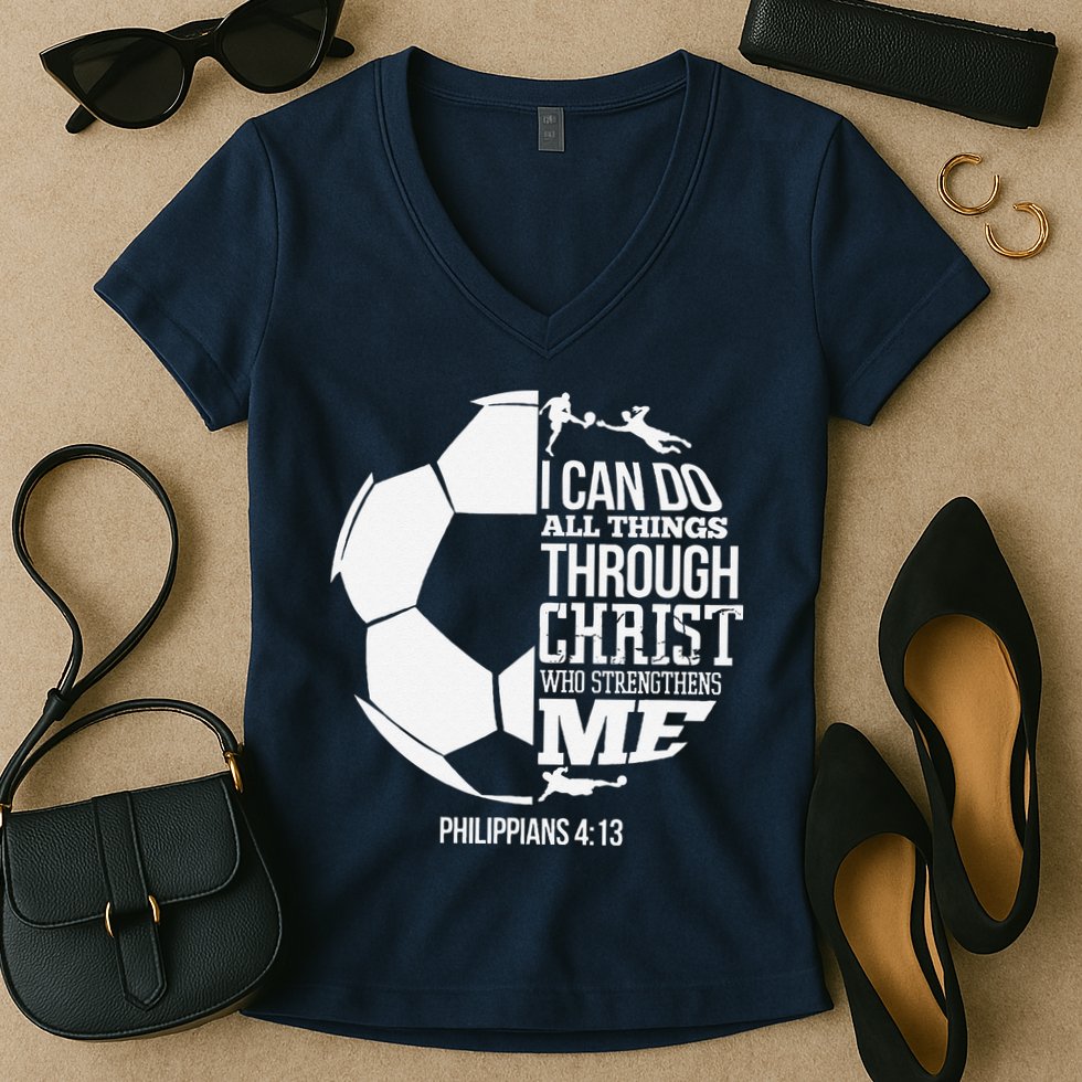 I Can Do All Things Through Christ Soccer Player Christian Women's V-Neck T-Shirt