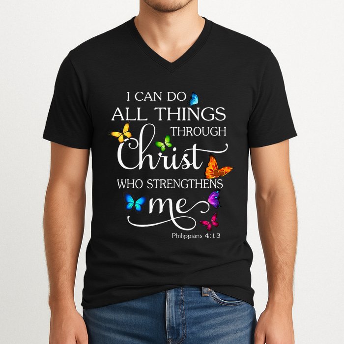 I Can Do All Things Through Christ Butterfly Art Religious V-Neck T-Shirt