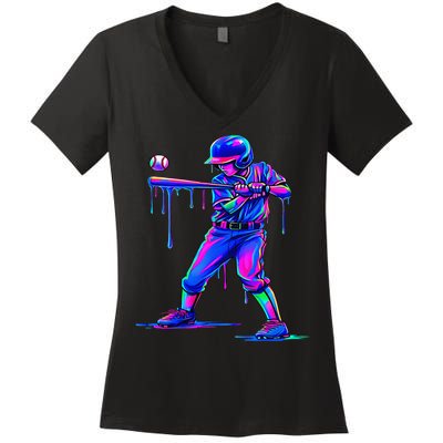 Ice Cream Drip Baseball Melting Bat Player Women's V-Neck T-Shirt