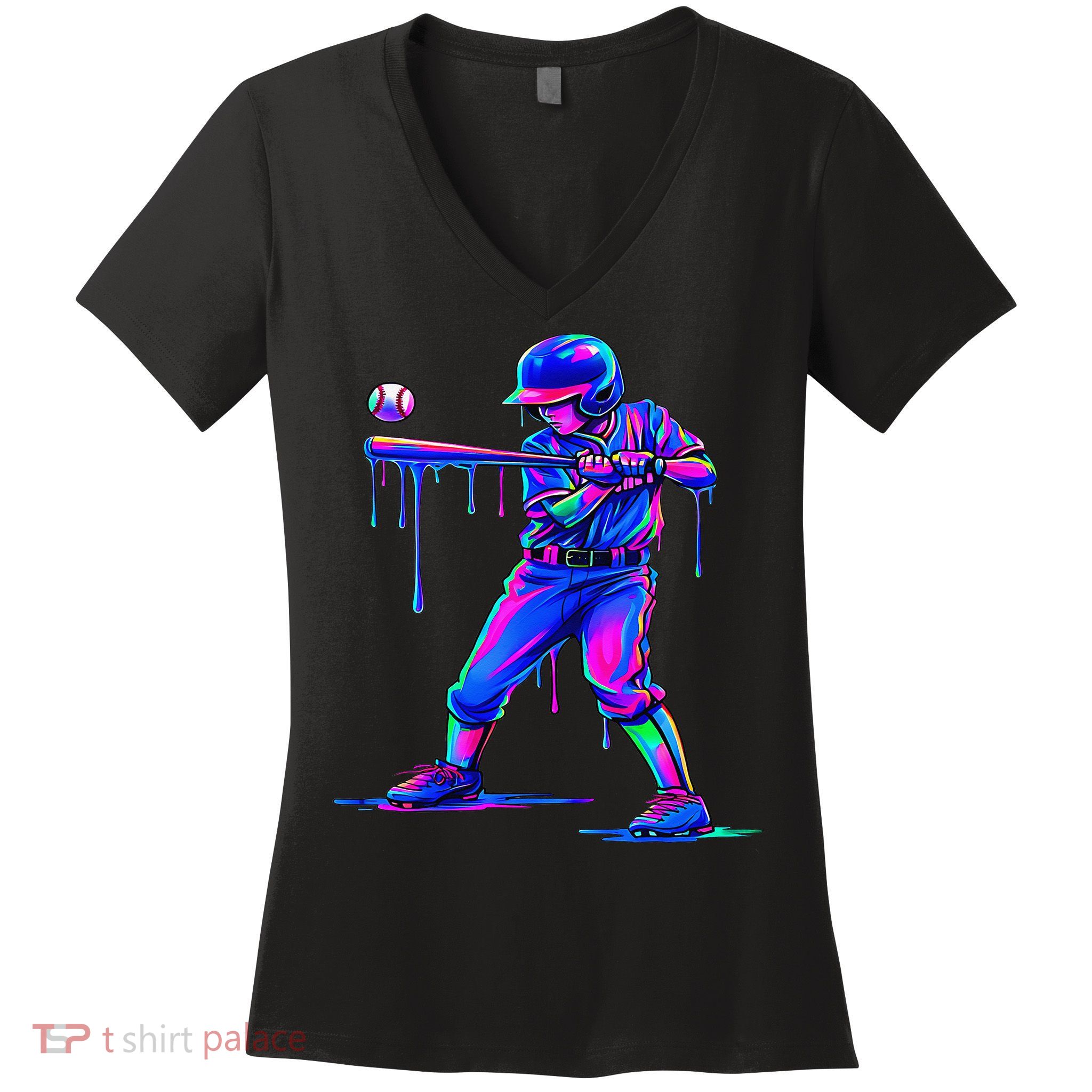 Ice Cream Drip Baseball Melting Bat Player Women's V-Neck T-Shirt
