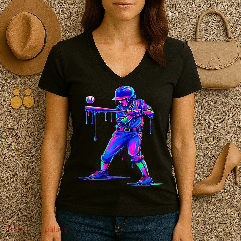 Ice Cream Drip Baseball Melting Bat Player Women's V-Neck T-Shirt