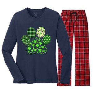 Irish Cute Dog Paw Clovers St Patricks Day Lucky Shamrock Women's Long Sleeve Flannel Pajama Set 