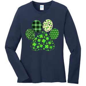 Irish Cute Dog Paw Clovers St Patricks Day Lucky Shamrock Ladies Long Sleeve Shirt