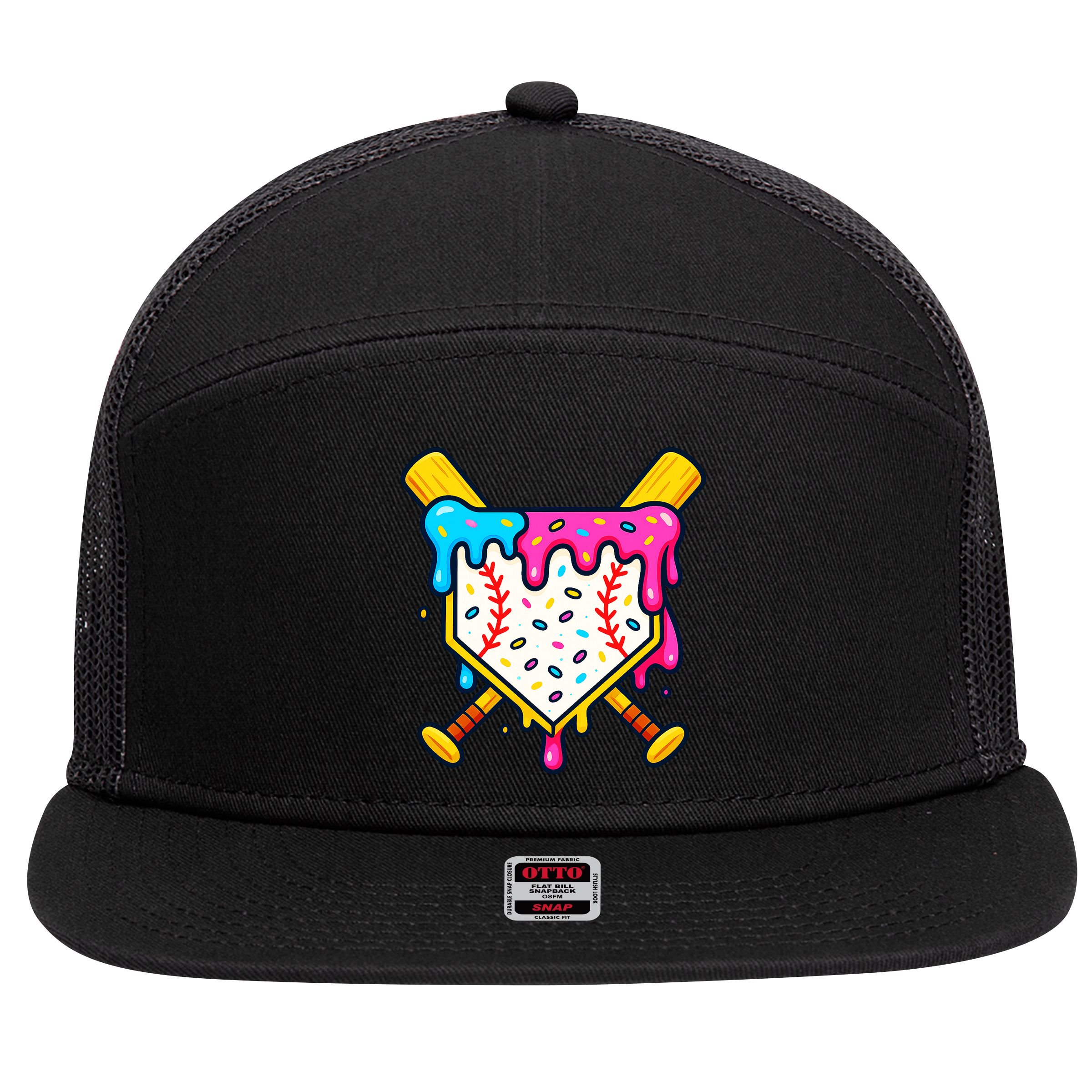 Ice Cream Drip Baseball Bat Home Plate Cool 7 Panel Mesh Trucker Snapback Hat