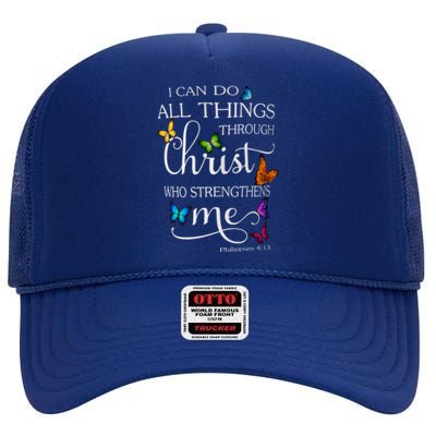 I Can Do All Things Through Christ Butterfly Art Religious High Crown Mesh Back Trucker Hat