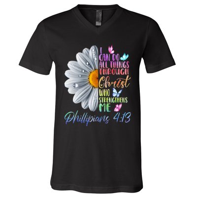 I Can Do All Things Through Christ Religious Butterfly Art V-Neck T-Shirt