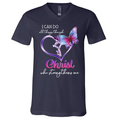 I Can Do All Things Through Christ Butterfly Art Easter Day Happy Quotes V-Neck T-Shirt