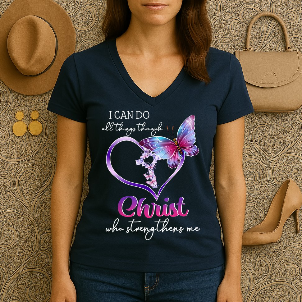 I Can Do All Things Through Christ Butterfly Art Easter Day Happy Quotes Women's V-Neck T-Shirt