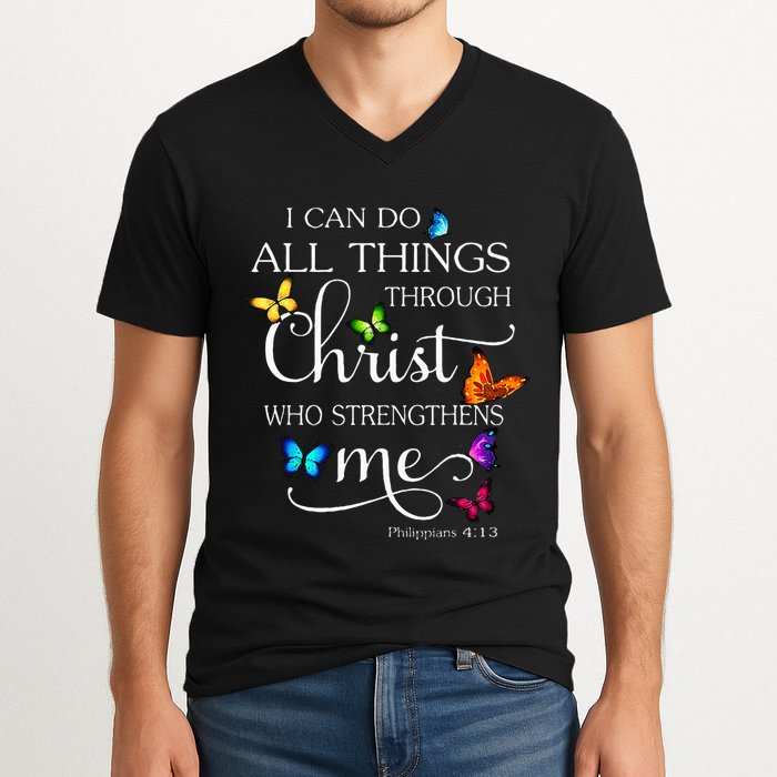 I Can Do All Things Through Christ Butterfly Art Religious V-Neck T-Shirt