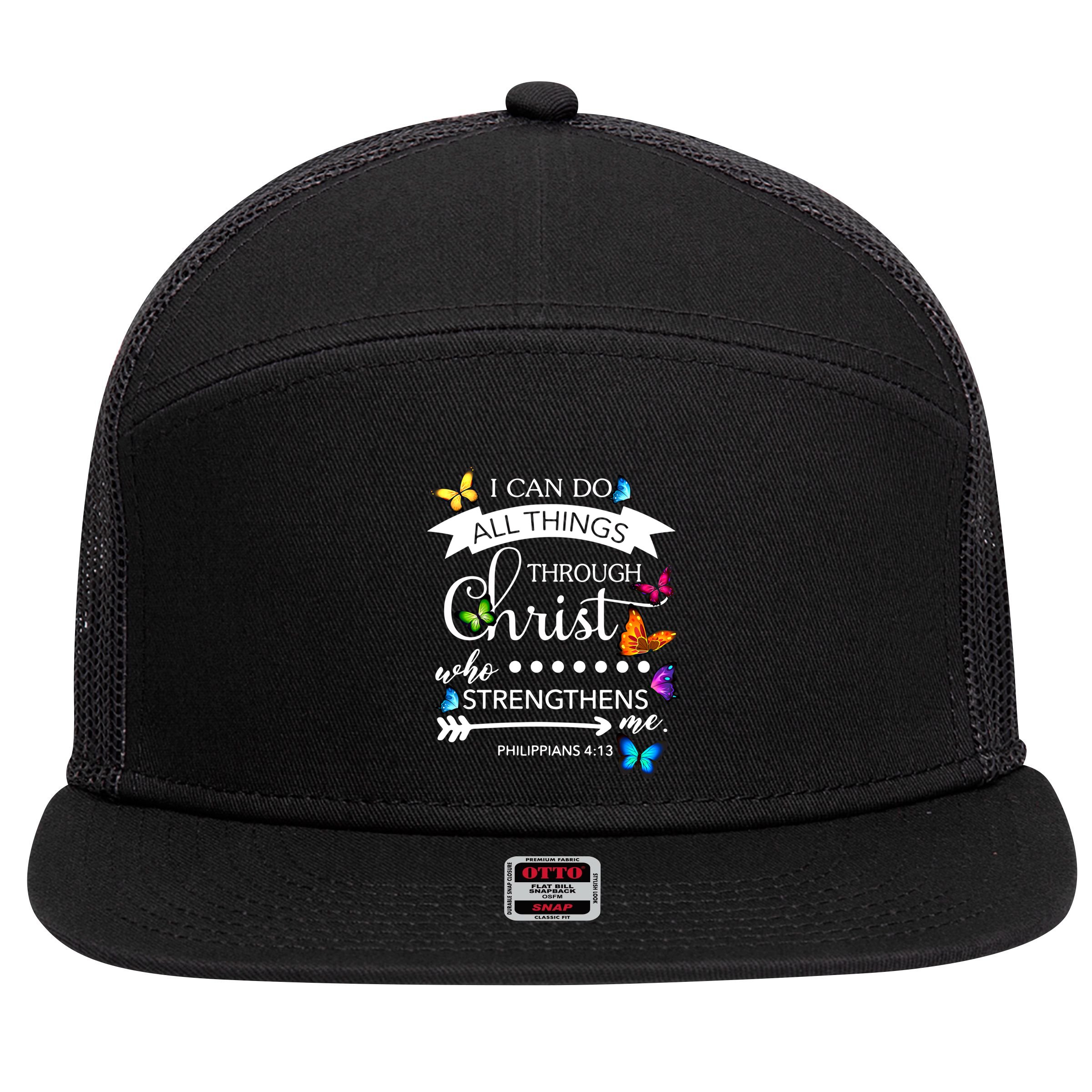 I Can Do All Things Through Christ Butterfly Art Religion Gift 7 Panel Mesh Trucker Snapback Hat