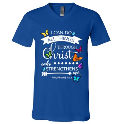 I Can Do All Things Through Christ Butterfly Art Religion Gift V-Neck T-Shirt
