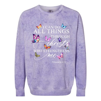 I Can Do All Things Through Christ Butterfly Art Religious TShirt Colorblast Crewneck Sweatshirt