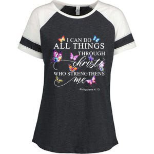 I Can Do All Things Through Christ Butterfly Art Religious TShirt Enza Ladies Jersey Colorblock Tee