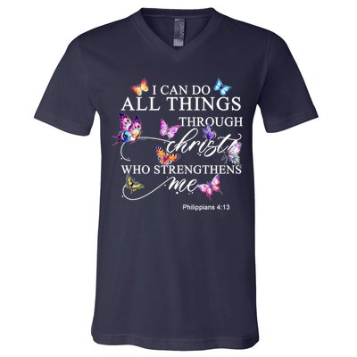 I Can Do All Things Through Christ Butterfly Art Religious TShirt V-Neck T-Shirt