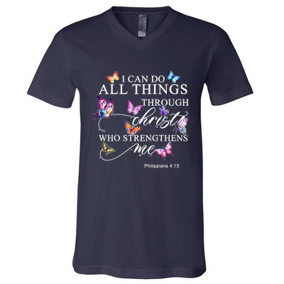 I Can Do All Things Through Christ Butterfly Art Religious TShirt V-Neck T-Shirt