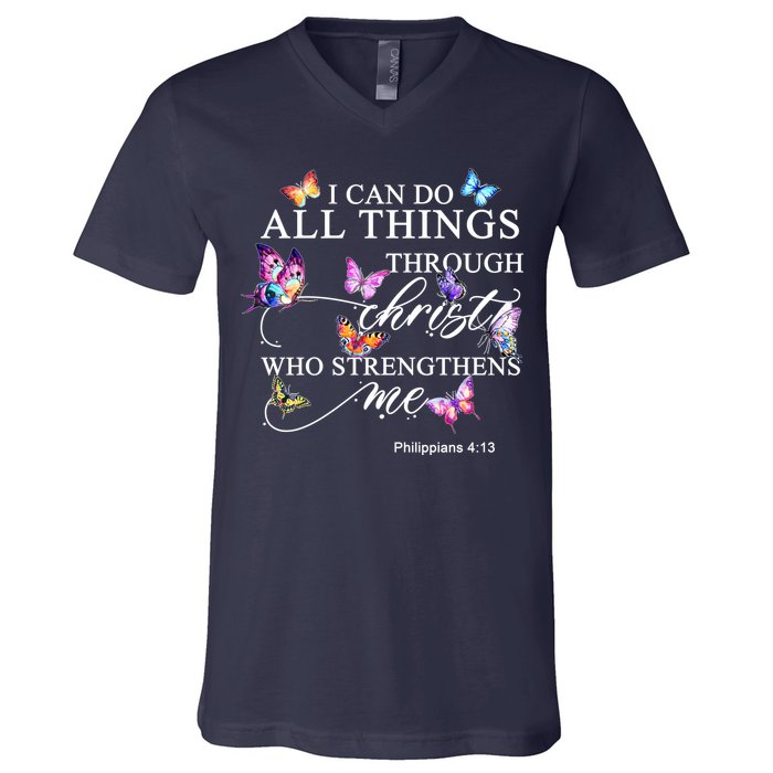 I Can Do All Things Through Christ Butterfly Art Religious TShirt V-Neck T-Shirt