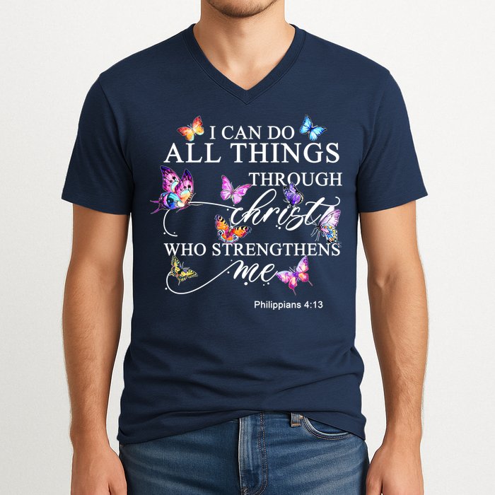 I Can Do All Things Through Christ Butterfly Art Religious TShirt V-Neck T-Shirt