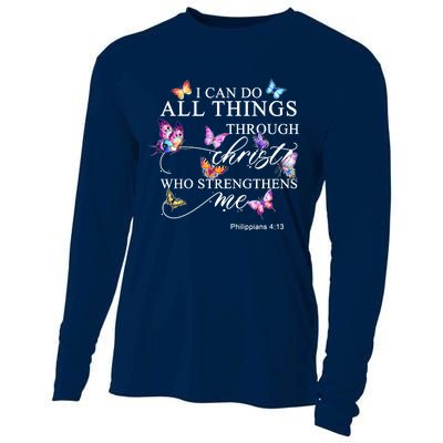 I Can Do All Things Through Christ Butterfly Art Religious TShirt Cooling Performance Long Sleeve Crew