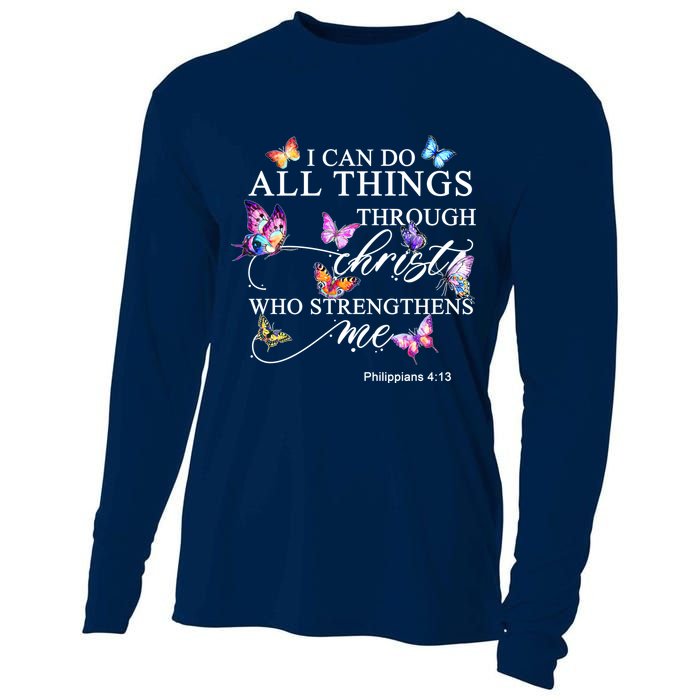 I Can Do All Things Through Christ Butterfly Art Religious TShirt Cooling Performance Long Sleeve Crew