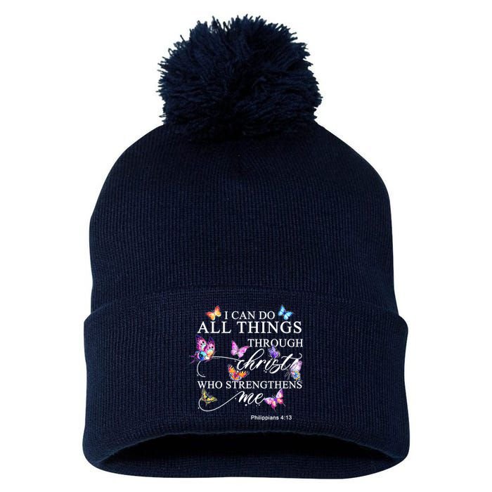 I Can Do All Things Through Christ Butterfly Art Religious TShirt Pom Pom 12in Knit Beanie