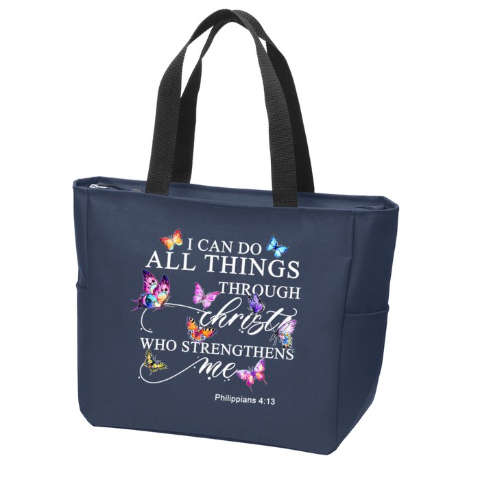 I Can Do All Things Through Christ Butterfly Art Religious TShirt Zip Tote Bag