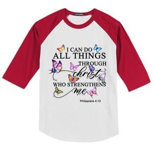 I Can Do All Things Through Christ Butterfly Art Religious TShirt Kids Colorblock Raglan Jersey