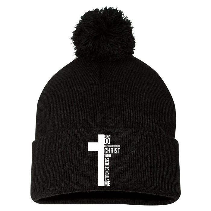 I Can Do All Things Through Christ Who Strengthens Me Cross Pom Pom 12in Knit Beanie