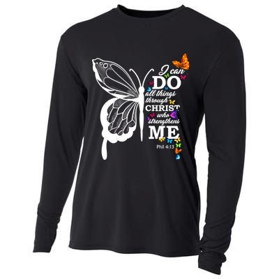 I Can Do All Things Through Christ Butterfly Art Religious Funny Gift Cooling Performance Long Sleeve Crew