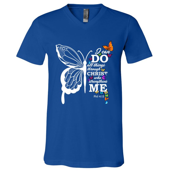 I Can Do All Things Through Christ Butterfly Art Religious Funny Gift V-Neck T-Shirt