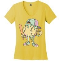 Ice Cream Drip Baseball Spots Retro Women's V-Neck T-Shirt