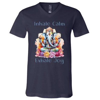 Inhale Calm Exhale Joy Yoga Buddha Elephant For Balance V-Neck T-Shirt