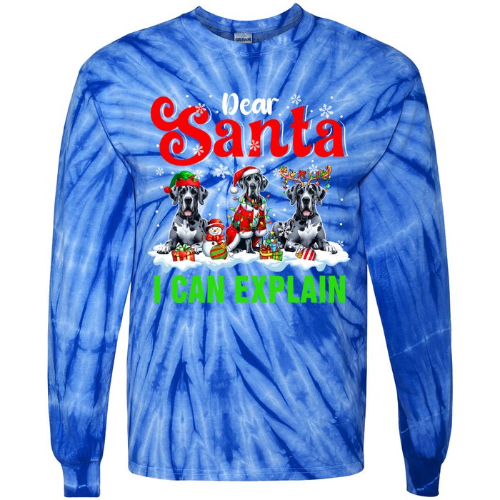 I Can Explain Xmas Three Santa Reindeer Elf Great Danes Gift Tie-Dye Long Sleeve Shirt