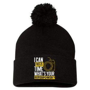 I Can Freeze Time Superpower Photographer Camera Pom Pom 12in Knit Beanie