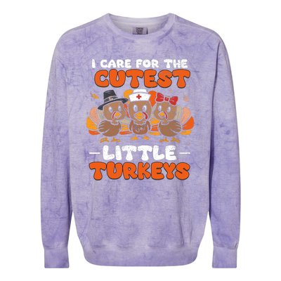 I Care For The Cutest Little Turkeys Thanksgiving Fall Nurse Colorblast Crewneck Sweatshirt