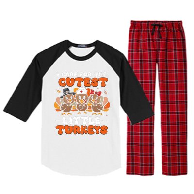 I Care For The Cutest Little Turkeys Thanksgiving Fall Nurse Raglan Sleeve Pajama Set