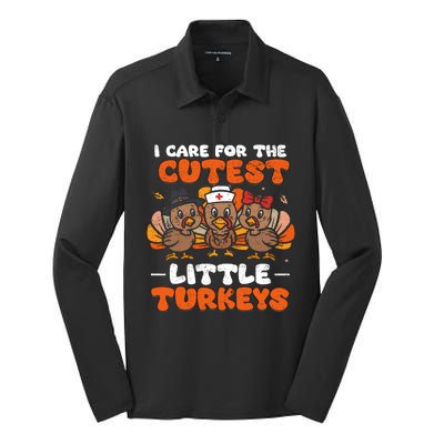 I Care For The Cutest Little Turkeys Thanksgiving Fall Nurse Silk Touch Performance Long Sleeve Polo