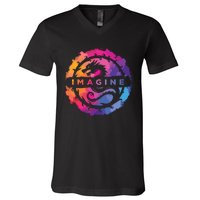 Imagine Colorful Fantasy Retro Dragon V-Neck T-Shirt