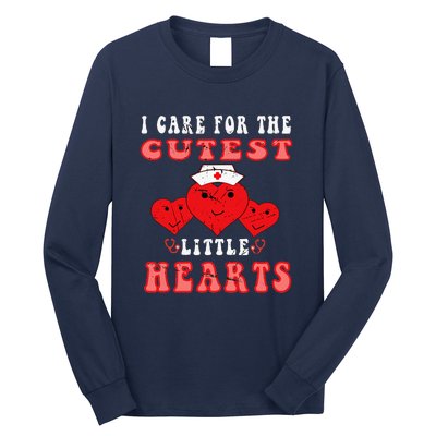 I Care For The Cutest Little Hearts Groovy Nurse Valentines Long Sleeve Shirt