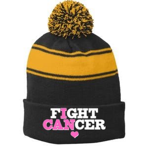 I Can Fight Cancer Breast Cancer Awareness Warrior Stripe Pom Pom Beanie