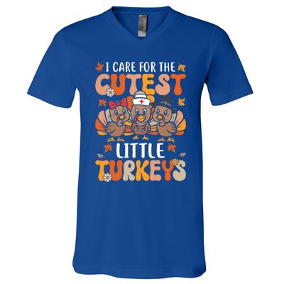 I Care For The Cutest Little Turkeys Thanksgiving Fall Nurse Gift V-Neck T-Shirt