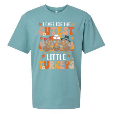 I Care For The Cutest Little Turkeys Thanksgiving Fall Nurse Gift Sueded Cloud Jersey T-Shirt