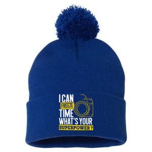 I Can Freeze Time Superpower Gift Photographer Camera Great Gift Pom Pom 12in Knit Beanie