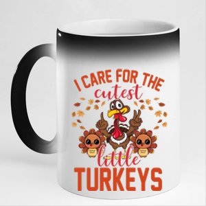 I Care For The Cutest Little Turkeys Thanksgiving Teacher 11oz Black Color Changing Mug