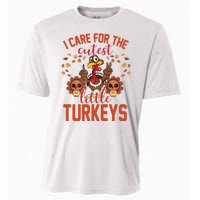 I Care For The Cutest Little Turkeys Thanksgiving Teacher Cooling Performance Crew T-Shirt