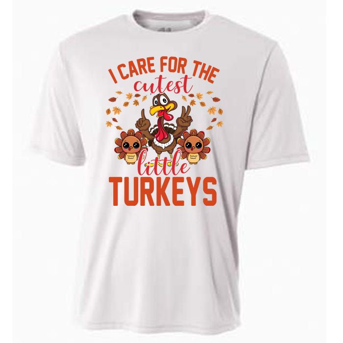 I Care For The Cutest Little Turkeys Thanksgiving Teacher Cooling Performance Crew T-Shirt