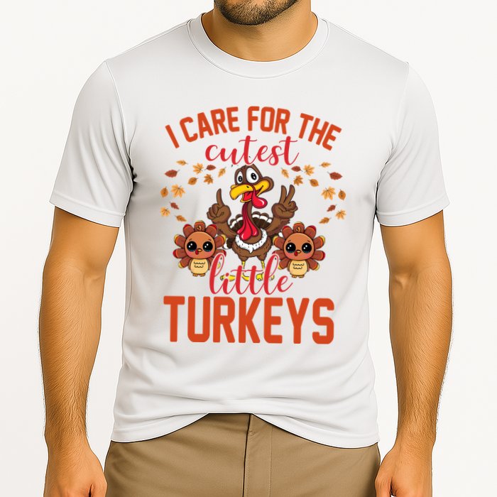 I Care For The Cutest Little Turkeys Thanksgiving Teacher Cooling Performance Crew T-Shirt