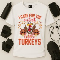 I Care For The Cutest Little Turkeys Thanksgiving Teacher Cooling Performance Crew T-Shirt